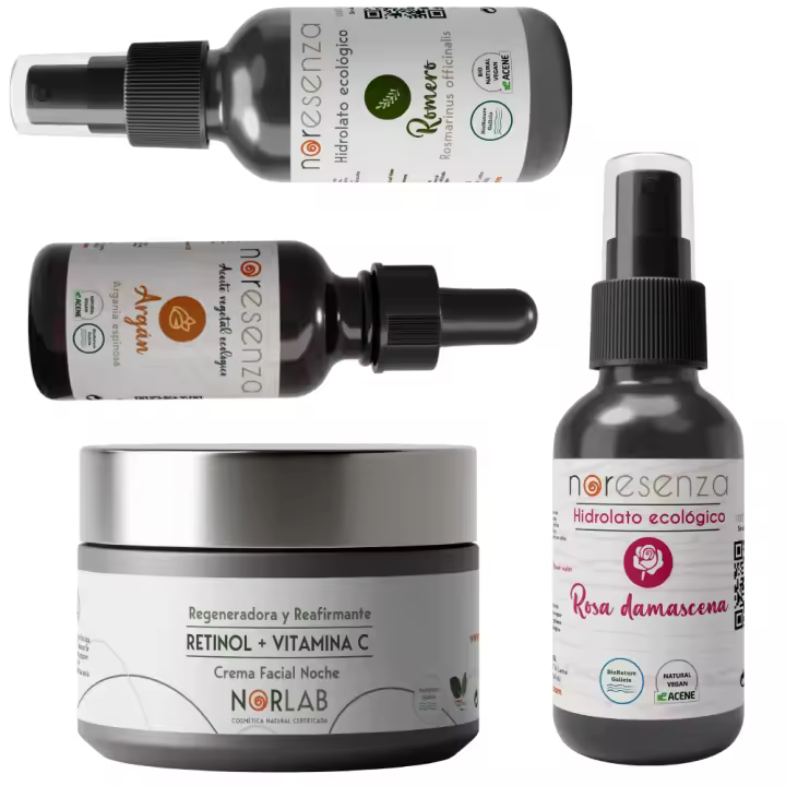 Pack Cuidado Natural para Piel Grasa y Mixta Noresenza - Kit facial para piel grasa con Hidrolato Rosa de Damasco, Hidrolato de Romero , Crema retinol+VitC y Aceite de argán BIO - 1