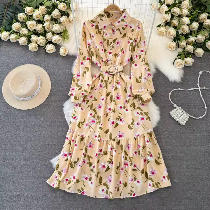 Vestido Largo De Mujer Estampado Floral Casual Con Mangas Largas Cuello Enrollado Vestido Bohemio Para Playa Y Fiesta - 1
