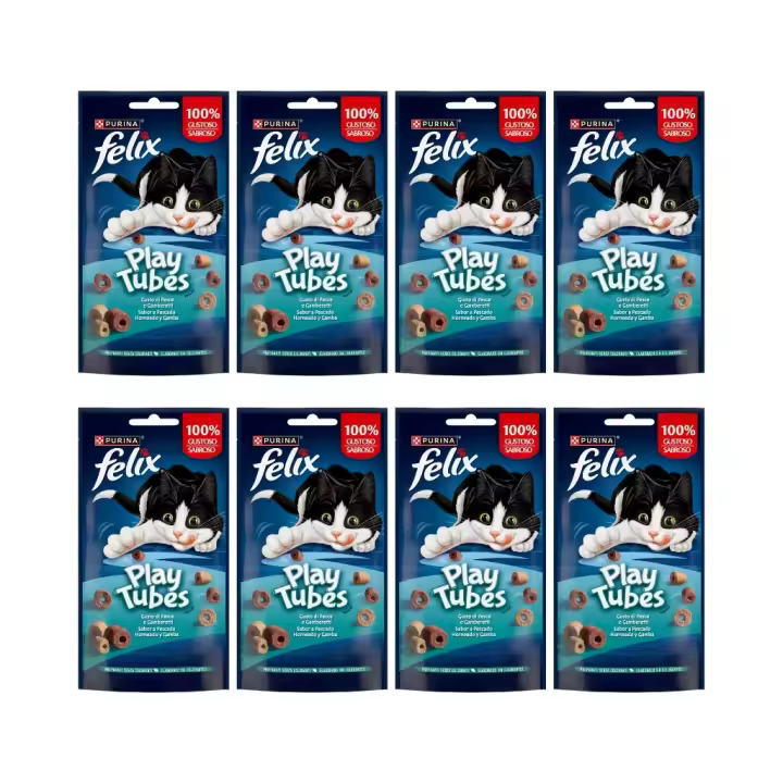 FELIX - Play Tubes (8x50 gr) - Snacks para Gatos (Pescado y Gambas al Horno) (8 Bolsas de 50 gr) - 1