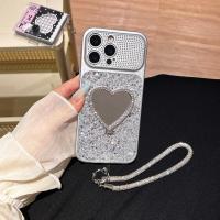 Funda De Teléfono Brillante Con Corazón Y Cordón Para iPhone 17 pro Max 16 Con Soporte Espejo Y Correa Protectora De Material TPU Diseño De Amor - details 2