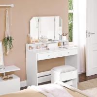 Tocador con Espejo Plegable, Espacio de Almacenamiento, Mesa de Maquillaje Moderna con 2 Cajones, 3 Compartimentos, Color Blanco - details 2