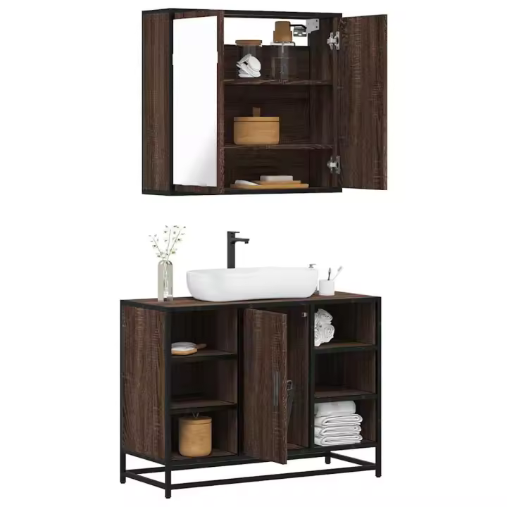 vidaXL Set de muebles baño 2 pzas madera contrachapada en color Marrón roble/Gris sonoma/Roble Sonoma y más | almacenamiento funcional diseño moderno para baño dormitorio sala - 1