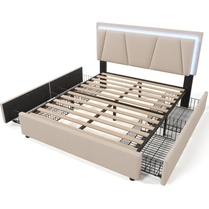 Cama Doble Tapizada en Beige with Cabecero Regulable en Altura, Iluminación LED Integrada, 4 Cajones de Almacenamiento y Somier de Madera - Estilo Minimalista Versátia, Sin Columna, 140x200 cm - 1