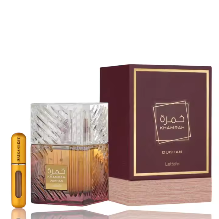 Perfume Khamrah Dukhan 100ml by Lattafa – perfume Unisex Oriental Ahumado – Nota de Tabaco y Praliné – Alta Duración + Regalo Atomizador 5ml Drikanbest - 1