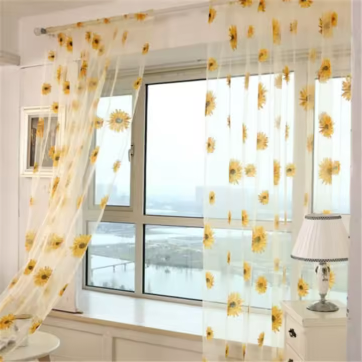 2PCS Cortinas De Ventana De Girasoles Telas Voile Tulle Translúcidas Para Hogar Y Habitaciones 100*200cm Modernas Y Elegantes - 1
