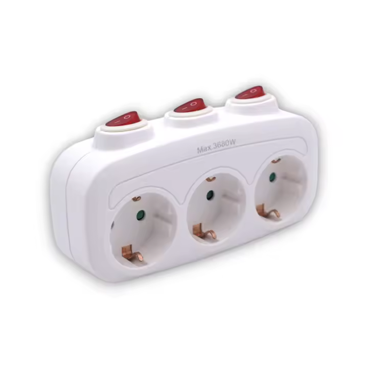 Enchufe Triple schuko de color blanco Con interruptor Individual 3 Enchufes con interruptor Adaptador con Interruptor individual MAX.3680W 16A/250V Adaptador Ladron Triple - 1