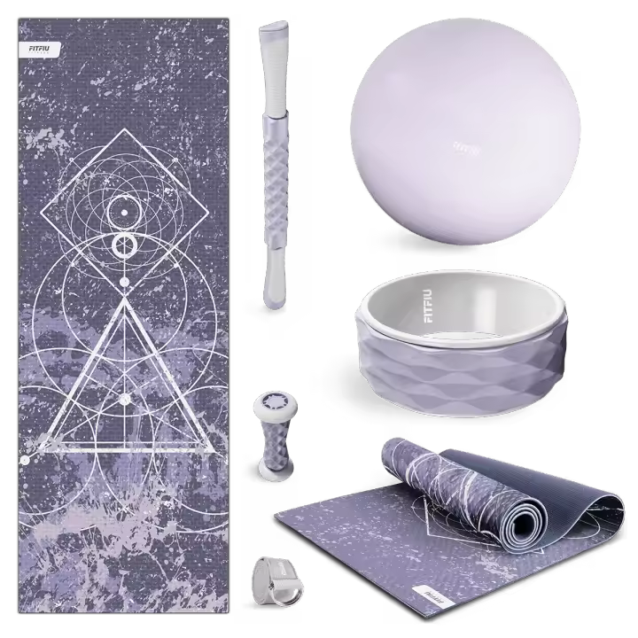 Fitfiu Fitness KITWELL-600 - Pack de 6 Accesorios Yoga Pilates Color Lila Que Incluye Esterilla, Pelota, Rueda, masajeador de pie, Barra de Masaje y Correa de Yoga - 1