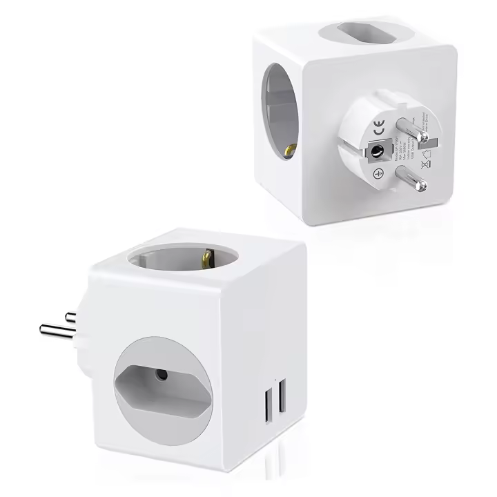 Ladron de Enchufe con 2 USB, Enchufe en forma Cubo múltiple 5 en 1 con 2 cargadores USB, adaptador de 3 enchufes, enchufe múltiple compatible con portátil para electrodomésticos y teléfono (blanco) - 1