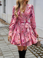 Vestido Largo De Manga Puffy Para Mujer Elegante Con Cuello En V Y Falda A-line Impresa Casual De Otoño E Invierno - details 4