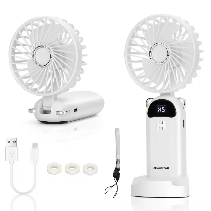 Ventilador de Mano Portátil USB, 3 Pulgadas, 3 Aspas, 5 Velocidades, 1200mAh, Blanco - 1