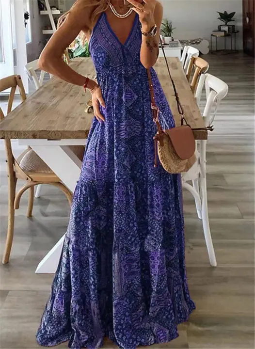 Vestido Largo Bohemio Estilo Europeo Y Americano 2023 Cintura Alta V-Neck Impresión De Flores Vestido Sin Mangas Para Mujer - 1
