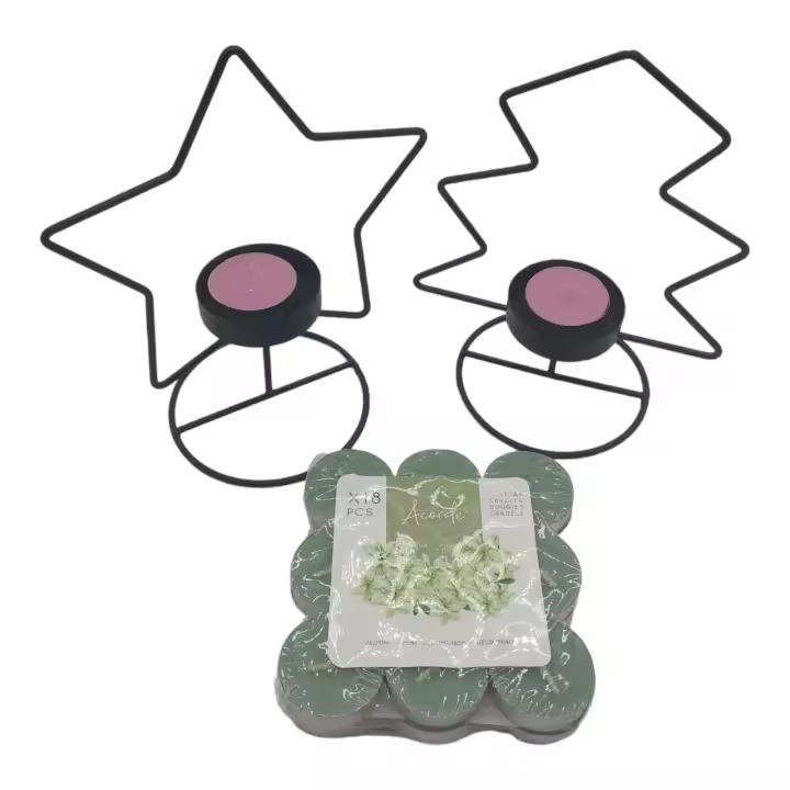 Buscodecor – Soportes Para Velas de Té Aromáticas, Metálicos (2 Piezas), Con Forma de Estrella y de Árbol de Navidad + 18 Velas de Té Aromáticas (Fragancia Aleatoria). Decora tu Hogar. - 1
