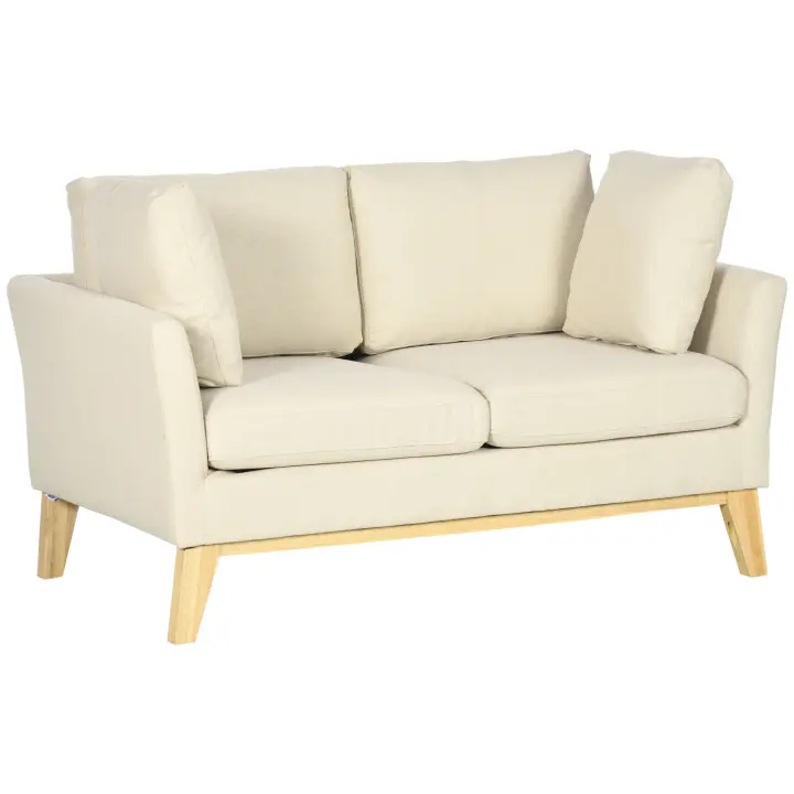 HOMCOM Sofá Doble de 2 Plazas Aspecto Lino, Dos Plazas con Cojines, Loveseat con Patas de Madera para salón, Dormitorio, hasta 150 kg, Beige, 137 x 78 x 78 cm - 1