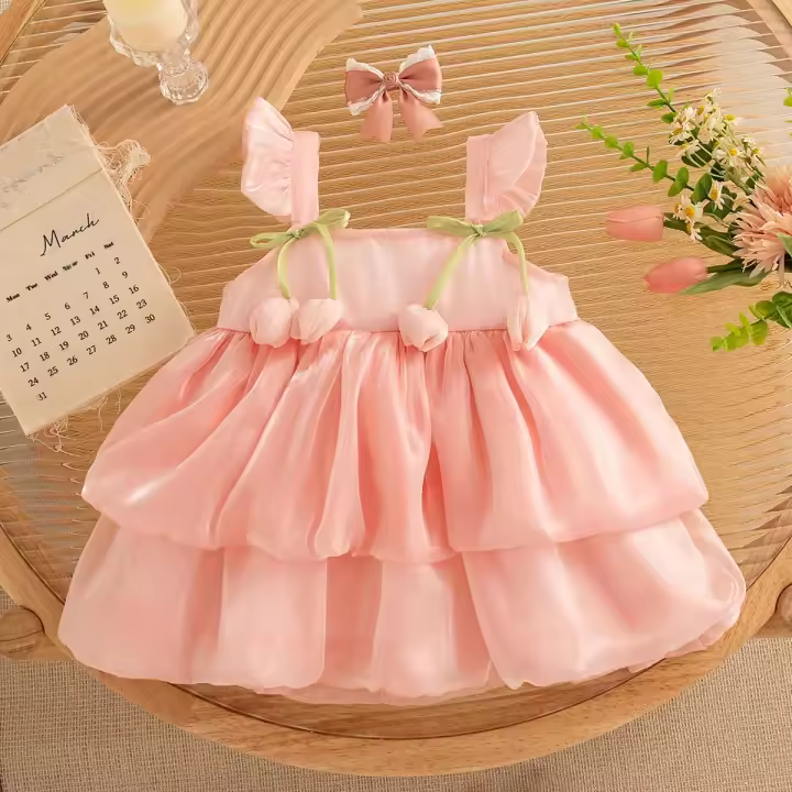 Vestido De Princesa Para Bebé Niña Verano Patrón De Tul Sólido Estilo Casual Halter Puff Faldón Corto Material Poliéster Talla True Fit - 1