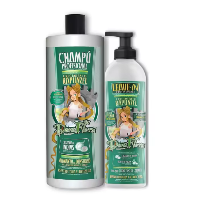 Tratamiento Capilar Champú y Leave - in de peinado, Rapunzel, Dona Flora Cosméticos, Con ingredientes activos de Biotina, Vitaminas y Castaña de Indias. Para todo tipo de cabellos. Tratamiento estimulante de crecimiento y Anti- Caída, Protector de calor - 1