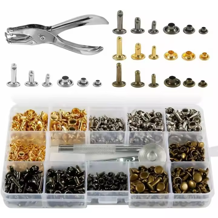Juego de Remaches de Cuero de Doble Tapa, Remache Tubular de Metal de 3 Tamaños con Alicates Perforadores y 3 Piezas de Herramientas de Sujeción para Reparación de Cuero Decoración de Remaches de Reemplazo - 1