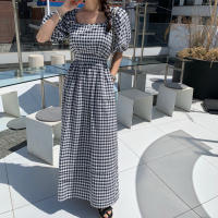 Vestido A-Line De Cintura Alta Estilo Coreano REALEFT Verano Para Mujer Con Manga Puff Cuello Cuadrado Lace-Up Midi Plaid - details 2