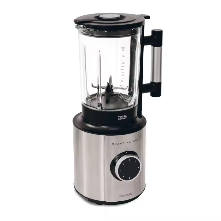 Batidora de vaso Cecotec Grand Katana 2700MAX Total Destroy B, 2700W potencia máxima, Tecnología contrarrotante TotalDestroy, cuchilla de 8 hojas recubrimiento titanio negro y jarra termorresistente vidrio fundido, 1,8 L capacidad, 5 Velocidades + Turbo - 1