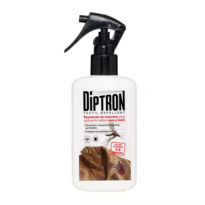 DIPTRON Textil Repelente de Insectos 100ml - Eficaz sobre Ropa y Textil. Efecto duradero: hasta 1 mes en Garrapatas y 3 meses en Mosquitos incluso después de los Lavados - Eficaz contra Mosquitos Tropicales en Países Exóticos. - 1