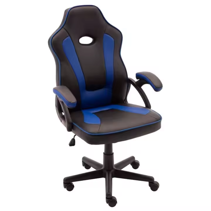Silla gaming de cuero sintético, ergonómica, negro y azul, silla de oficina giratoria con ruedas, altura e inclinación ajustables, escritorio, gamer, videojuegos - 1