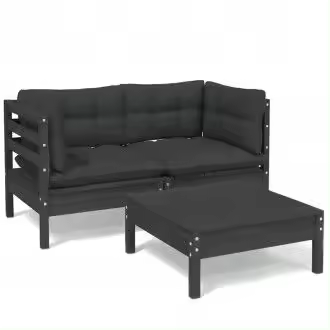 VIDAXL 3096020 juego de muebles de jardín de 3 piezas de madera de pino color negro con cojines gris antracita vida xl - 1