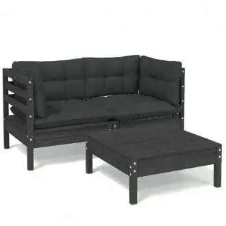 VIDAXL 3096020 juego de muebles de jardín de 3 piezas de madera de pino color negro con cojines gris antracita vida xl - 1