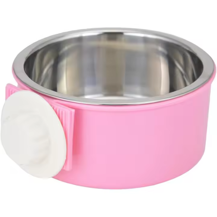Acero inoxidable perro gato comida tazón mascota alimentador 2 en 1 colgante tazón adjuntar jaula montaje para mascotas pequeñas perro gato conejo pájaro (rosa) - 1