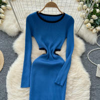 Vestido De Punto Para Mujer REALEFT Otoño Invierno Con Abertura Lateral Y Cuello Redondo Manga Larga Solido Vestido Recto De Oficina - details 14