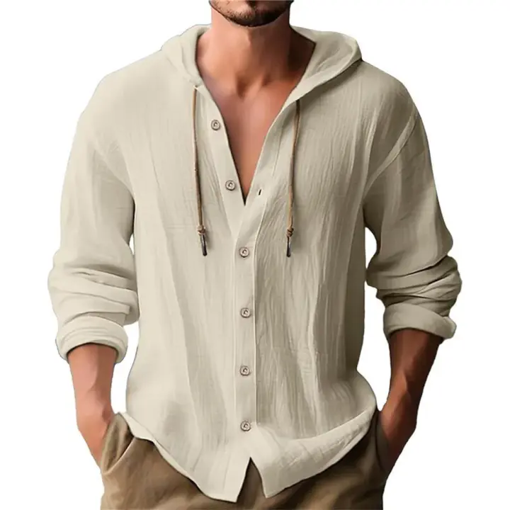 Camisa De Algodón Para Hombres Con Capucha Y Mangas Largas Estilo Casual Blusa De Verano Y Otoño Camiseta De Playa Hawaiana - 1