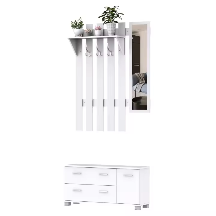 HOMCOM 3 EN 1 Conjunto de Muebles de Entrada Recibidor Pasillo Set de 3 Piezas Perchero Espejo Zapatero 2 Cajones - 1