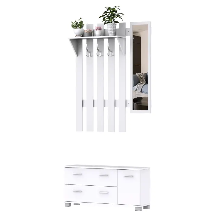 HOMCOM 3 EN 1 Conjunto de Muebles de Entrada Recibidor Pasillo Set de 3 Piezas Perchero Espejo Zapatero 2 Cajones - 1