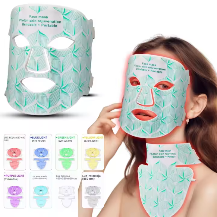 Máscara De Luz Roja LED Infrarroja Para Cara Y Cuello Con 7 Colores Terapia Anti Envejecimiento Control De Aceite Piel Tensa Blanqueadora Combating Arrugas Y Acné - 1