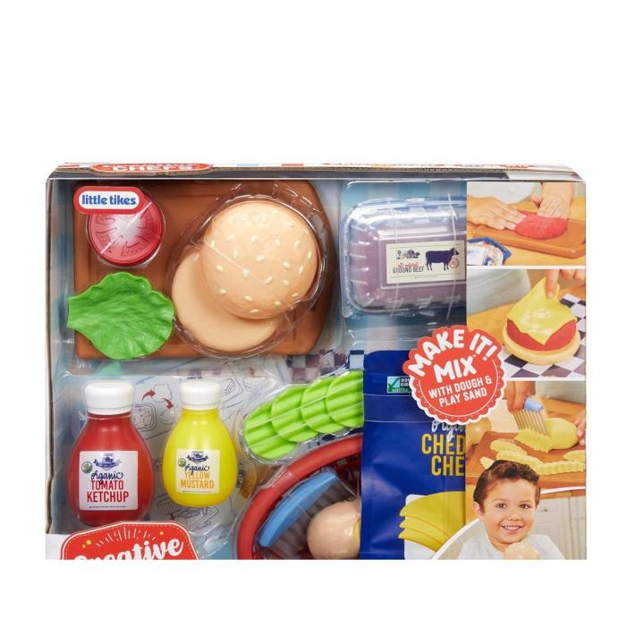 Little Tikes Creative Chefs Cheeseburger and Fries Kit - Viene con Make It Mix y 22 Accesorios Realistas, Juego de Cocina de Simulación, NO Comestible, Adecuado para Niños y Niñas Mayores de 3 Años (MGA 643194)