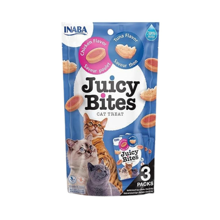 INABA Juicy Bites (3x11,3 gr) - Snack Húmedo para Gatos Sin Gluten Sin Conservantes con Vitamina E (Calamar con Caldo Casero, Pollo con Atún, Pescado con Almeja, Cangrejo con Vieira)
