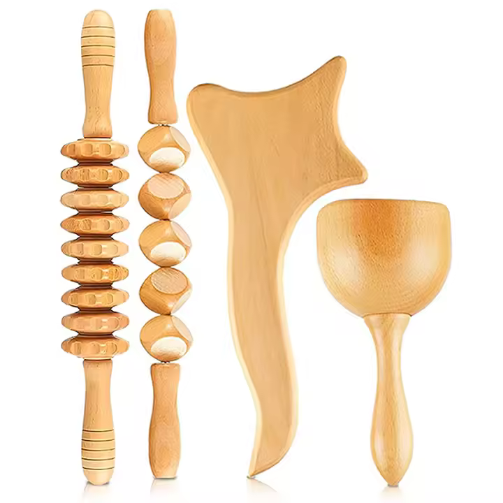 TK Herramientas de masaje de terapia de madera 4 en 1, masajeador anticelulítico, alivio del dolor muscular, Kit de madera para moldear y esculpir el cuerpo - 1