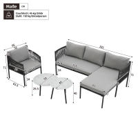 Juego de muebles de Jardín, sofá de Esquina + asiento individual + 2 mesas de café, tubo de Maple galvanizado, tablero de Vidrio lacado de Mármol, Artesanía de Cuerda trenzada, adecuado para Uso al aire libre de la Casa, Gris - details 5