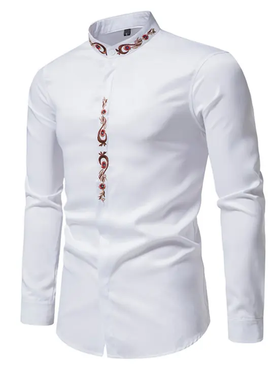 Camisa De Moda Para Hombres 2024 Con Bordado De Cola De Fénix Cuello Erguido Casual Transversal Adecuada Para Todas Las Estaciones - 1