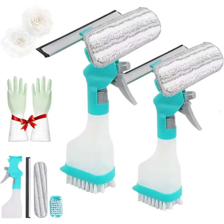 Limpiacristales multifunción 4 en 1 con pulverizador, raspador y cabezal de lavado integrados. Kit profesional para ventanas y guantes (2 unidades). - 1