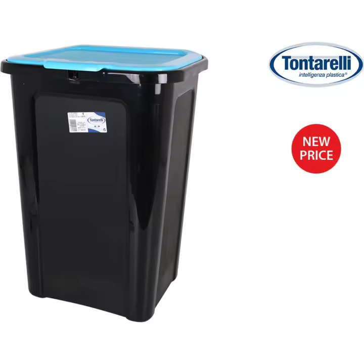 Tontarelli - Cubo Basura Coverline 44L Negro con Tapa Azul - Capacidad Ampliada - Fácil de Limpiar - Diseño Elegante - Resistente - Tapa Antiolores - 1