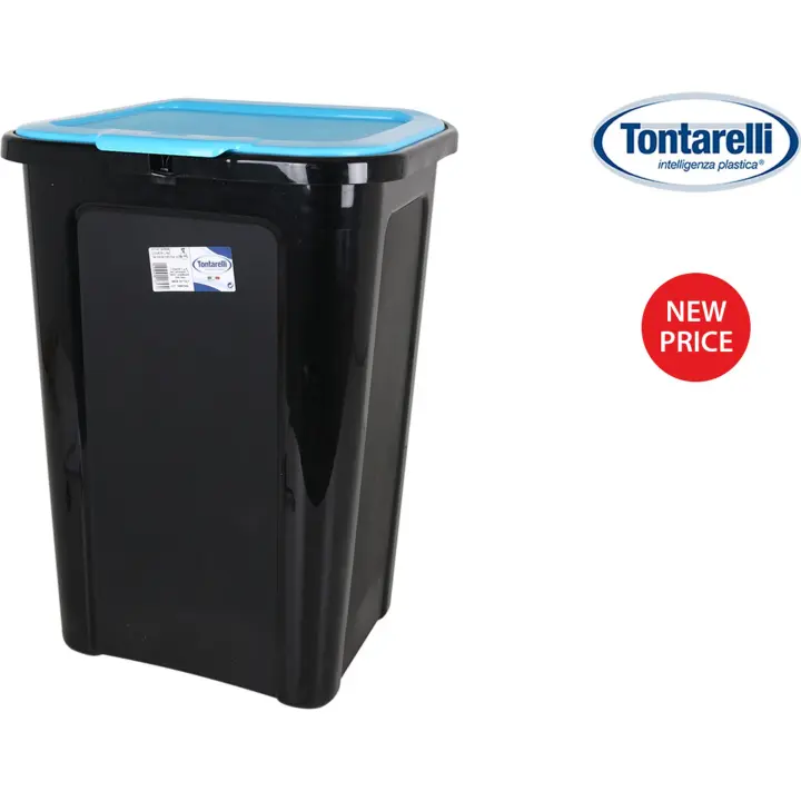 Tontarelli - Cubo Basura Coverline 44L Negro con Tapa Azul - Capacidad Ampliada - Fácil de Limpiar - Diseño Elegante - Resistente - Tapa Antiolores - 1