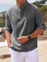 Camisa Larga De Manga Para Hombre Algodón Y Lino Estilo Playa Casual Color Sólido Cuello En Punta Talla Grande S-5XL Primavera Otoño - details 7
