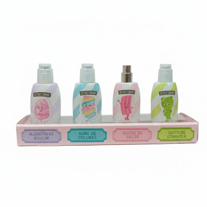 Mini body mist The Fruit Company con aromas dulces: Algodón de Azúcar, Nube de Colores, Chicle de Fresa y Osito de Gominola. Formato práctico ideal para bolso o viaje. Fragancias ligeras para uso diario. 🚚 Envíos a España 24/48 horas.
