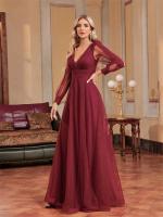 Vestido De Noche Elegante De Tulle Con Cuello En V Manga Larga Para Mujer Floor-Length Fiesta Cocktail Graduación Prom Chiffon - details 4