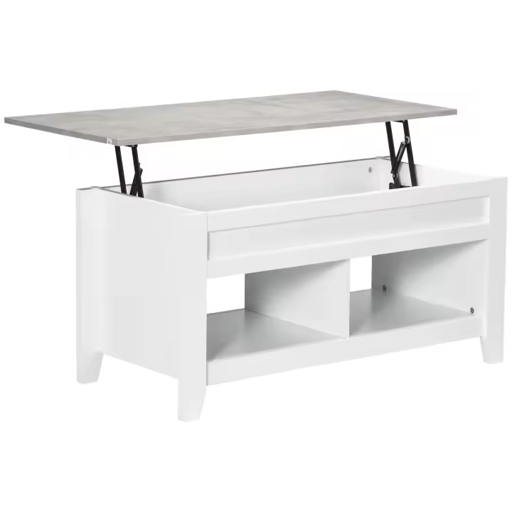 HOMCOM Mesa de Centro Elevable Mesa de Café con Encimera Elevable 2 Compartimentos Abiertos y Espacio Oculto de Almacenaje 105x50x49 cm Blanco y Efecto Mármol - 1