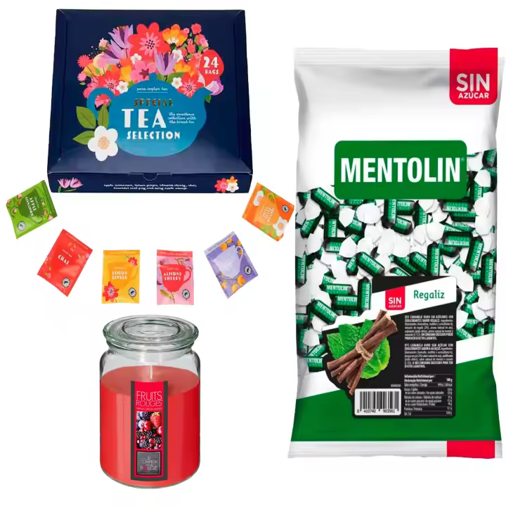 Pack surtido: MENTOLIN REGALIZ S/A BOLSA 1KG + Vela perfumada de frutos rojos + Set de Te con 24 bolsitas con diferentes sabores y aromas - 1