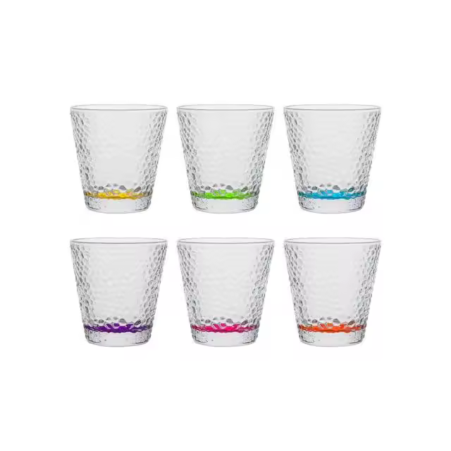 MAXHOME-Pack de 6 Vasos de Cristal con Base Coloreada, 285 ml, Aprox ø9,29x9,29cm, Ideal para Agua, Refrescos, Cerveza - 1