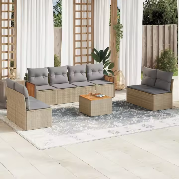 vidaXL Set de sofás de jardín 9 pzas con cojines ratán sintético beige - 1