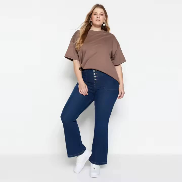 Trendyol Dark Blue High Waist Comfort Flare Fit Jeans Tbbaw23Cj00033 - 1