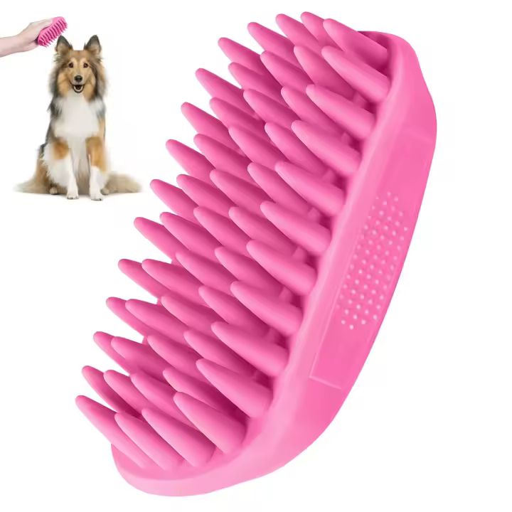 Cepillo de baño para perros, suministros de baño para perros, cepillo de champú de silicona para perros y gatos de pelo largo y corto, cepillo para lavar y asear mascotas (rosa) - 1