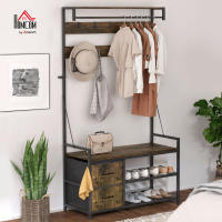 HOMCOM Perchero Zapatero 6 en 1, Perchero Entrada Recibidor con Banco, Zapatero Doble, 10 Ganchos Ajustables, 2 Cajones, Barra Colgante, Estilo Industrial, para Pasillo, 100x40x180 cm, Marrón Rústico - details 2